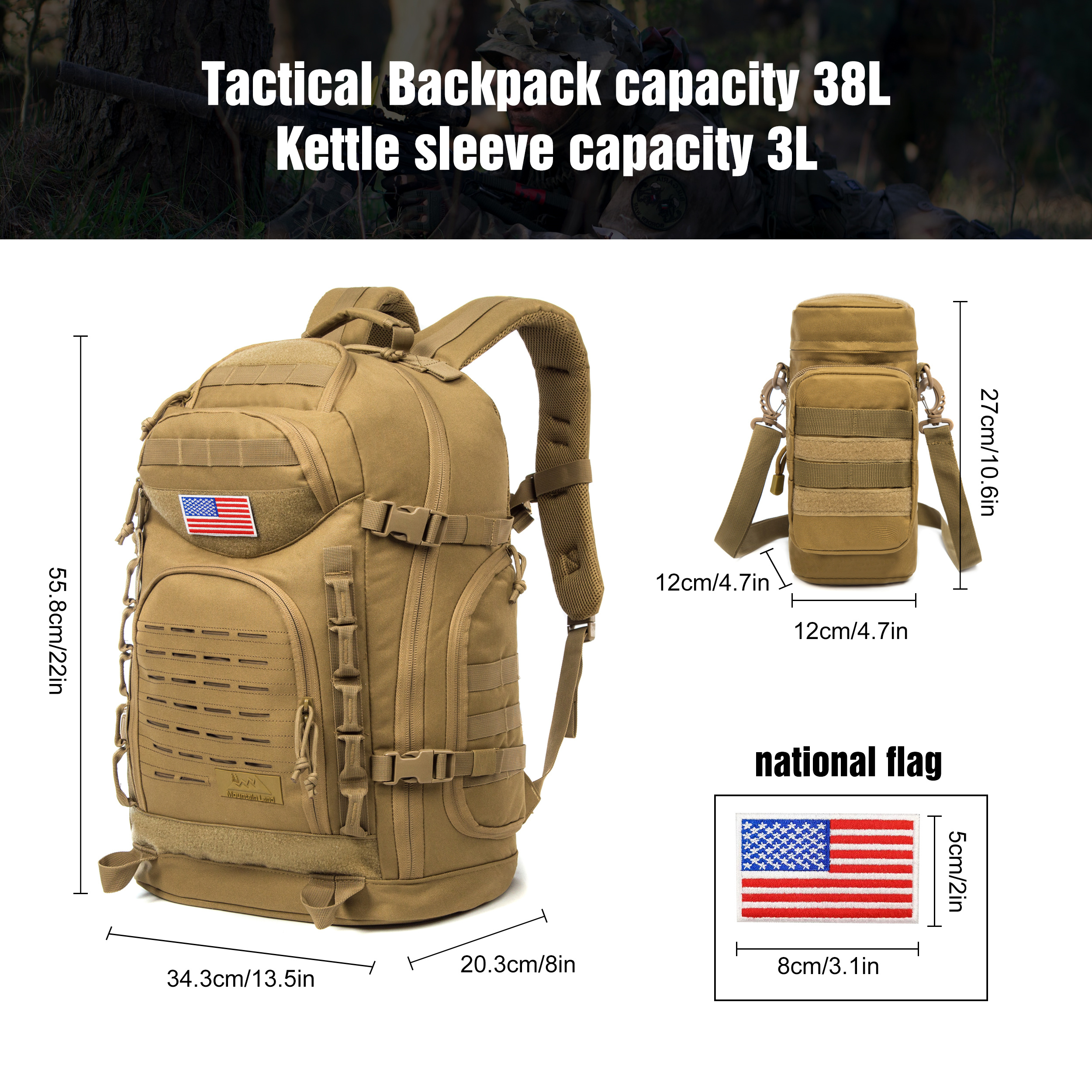 Khaki 38L Tactical Molle Backpack for Men Military Bag Rucksack Large Army 3 Day Assault Pack with 3L Water Bottle Bag